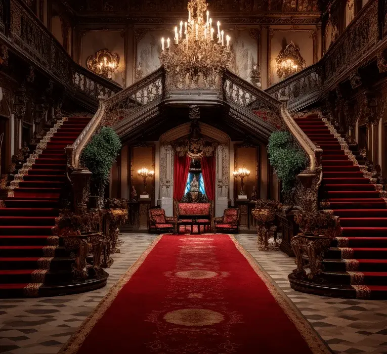 The inside of a big, fancy house with two staircases. It has a long red carpet, detailed wood railings, and a large, crystal light hanging from the ceiling.