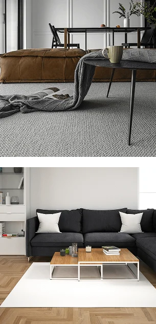 A collage demonstrating our versatile flooring solutions. The top shows a close-up of a durable, grey textured wall-to-wall carpet for a cozy, minimalist feel.