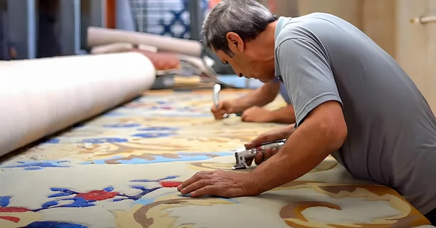A French craftsman in a workshop meticulously carves the details of a colorful, hand-tufted carpet with a special tool, showcasing the traditional artistry