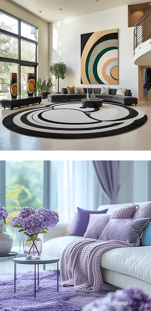 The top image features a grand, modern living room with a large, bespoke black-and-white graphic area rug. The bottom image shows a cozy space with a plush, high-pile lavender shaggy rug.