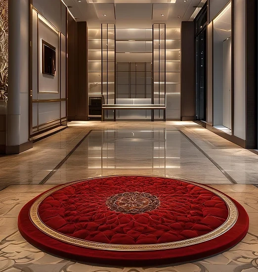 uxurious Red Circular Accent Rug in a Modern Marble Lobby
